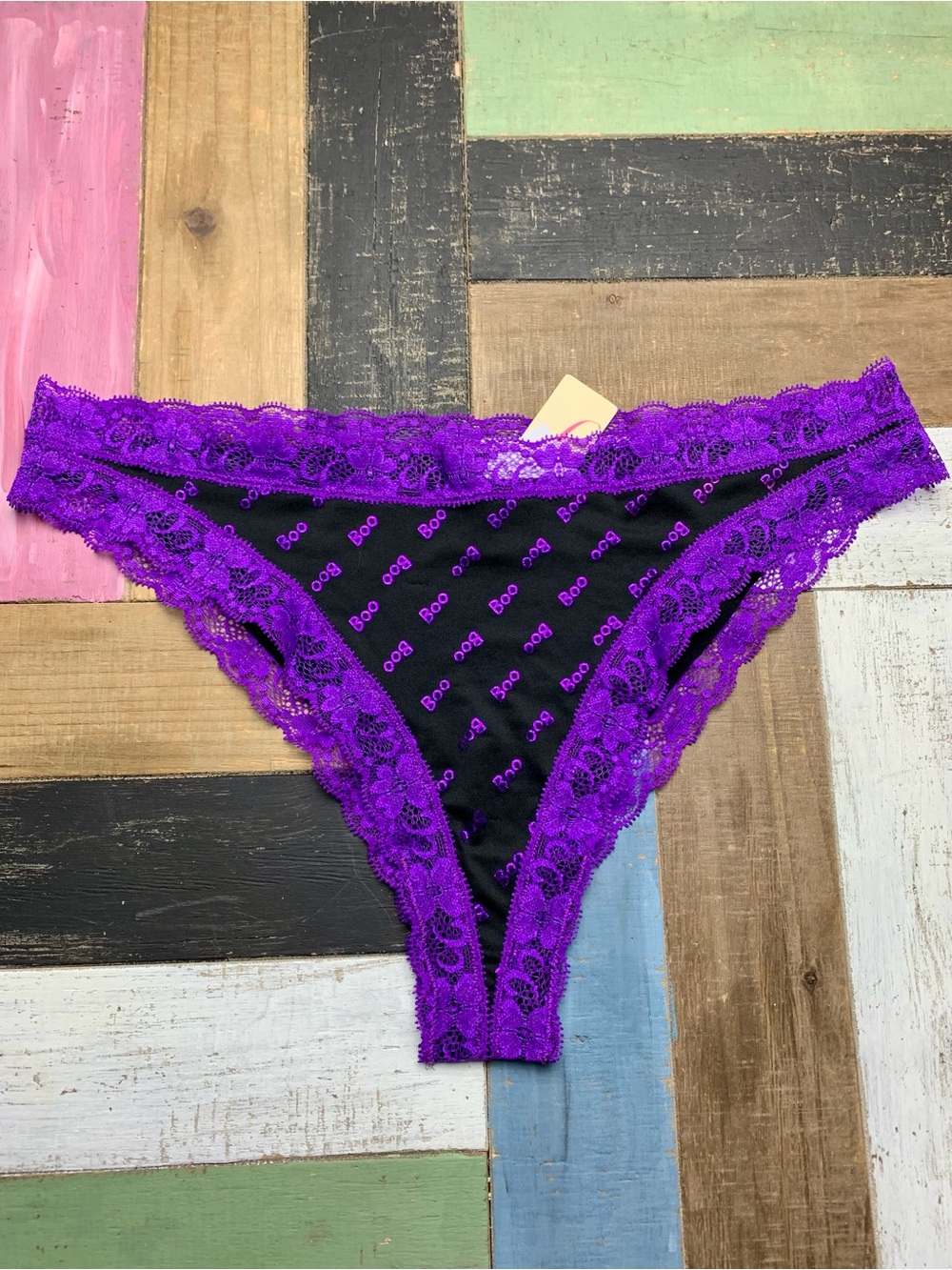 FOH Halloween Panty 1X Frederick’s of Hollywood Boo Lace Trim Ghost Purple Black